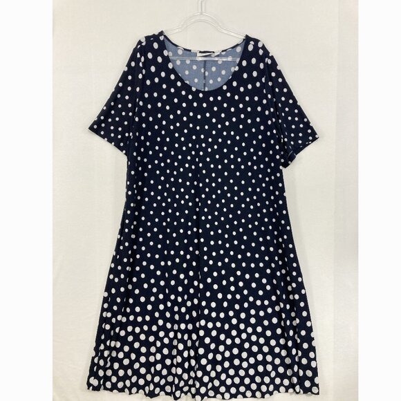Susan Graver Dresses & Skirts - Susan Graver size 3X Navy White Polka Dot Stretch Liquid Knit Pocket Midi Dress